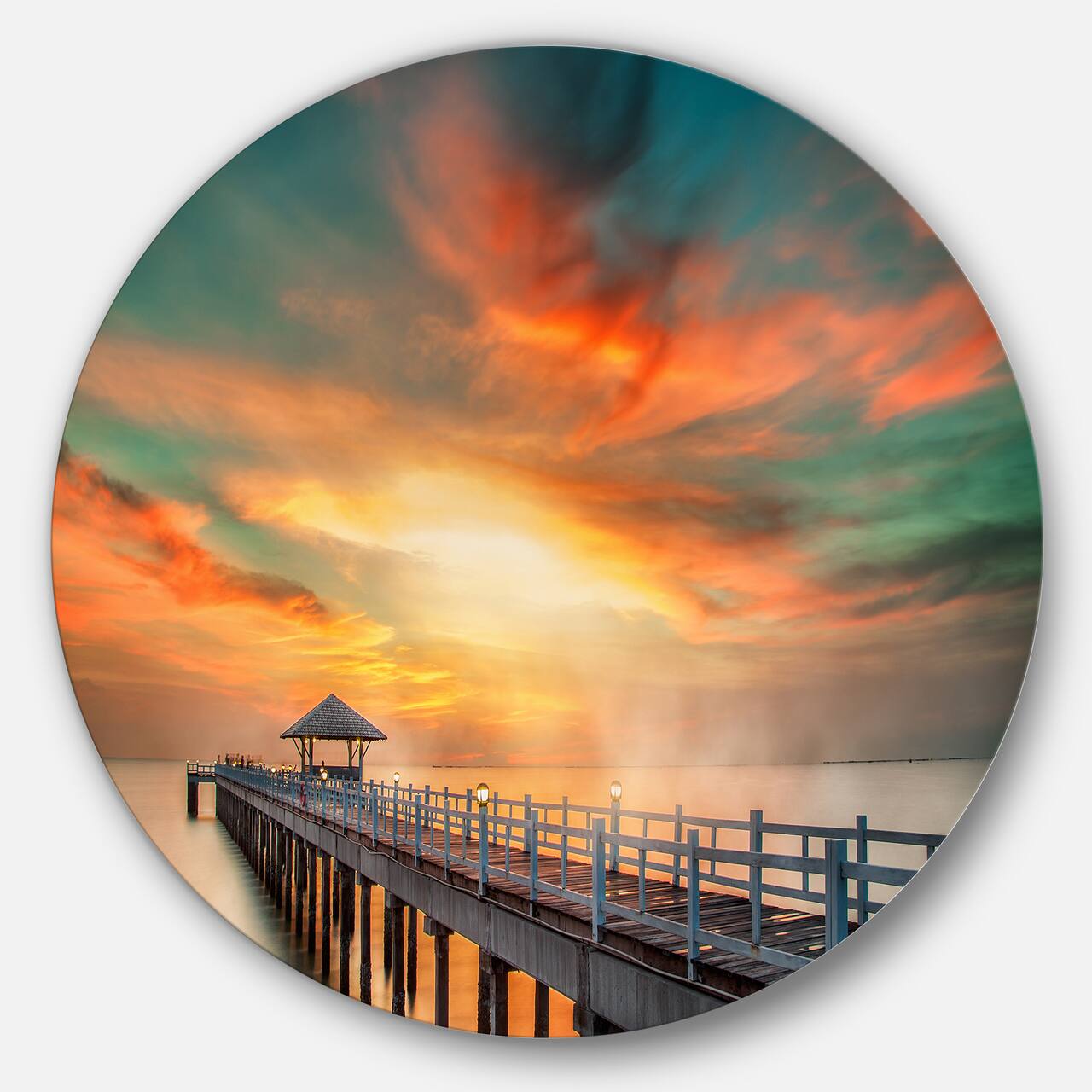 Designart - Wooden Pier' Landscape Photo Circle Metal Wall Art